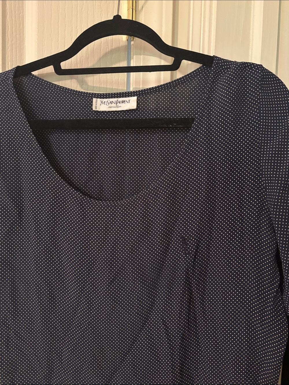 Yves Saint Laurent Navy with White Microdot Scoop Neck Top